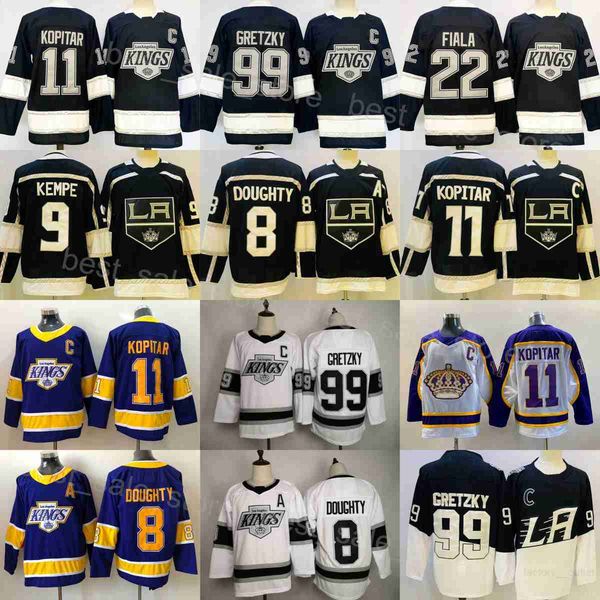 Man Hockey Kings 8 Drew Doughty Jerseys 11 Anze Kopitar 22 Kevin Fiala 9 Adrian Kempe 99 Wayne Gretzky Reverse Retro Black White Team Stitch