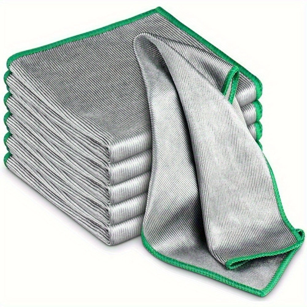 TEMU 6pcs Streak-free Microfiber Glass Polishing Cloths, Cleaning Rags For Kitchen, Mirrors, And Glasses, 12" X 12", Gray With Green Borders,