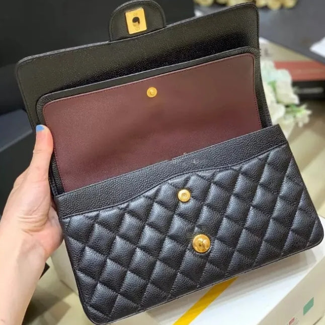 10A Designer Mirror Quality Giant Double Flip Cover Bag 23cm 25cm 30cm Genuine Leather Caviar Sheepskin Classic All Black Wallet Quilted Handbag wit