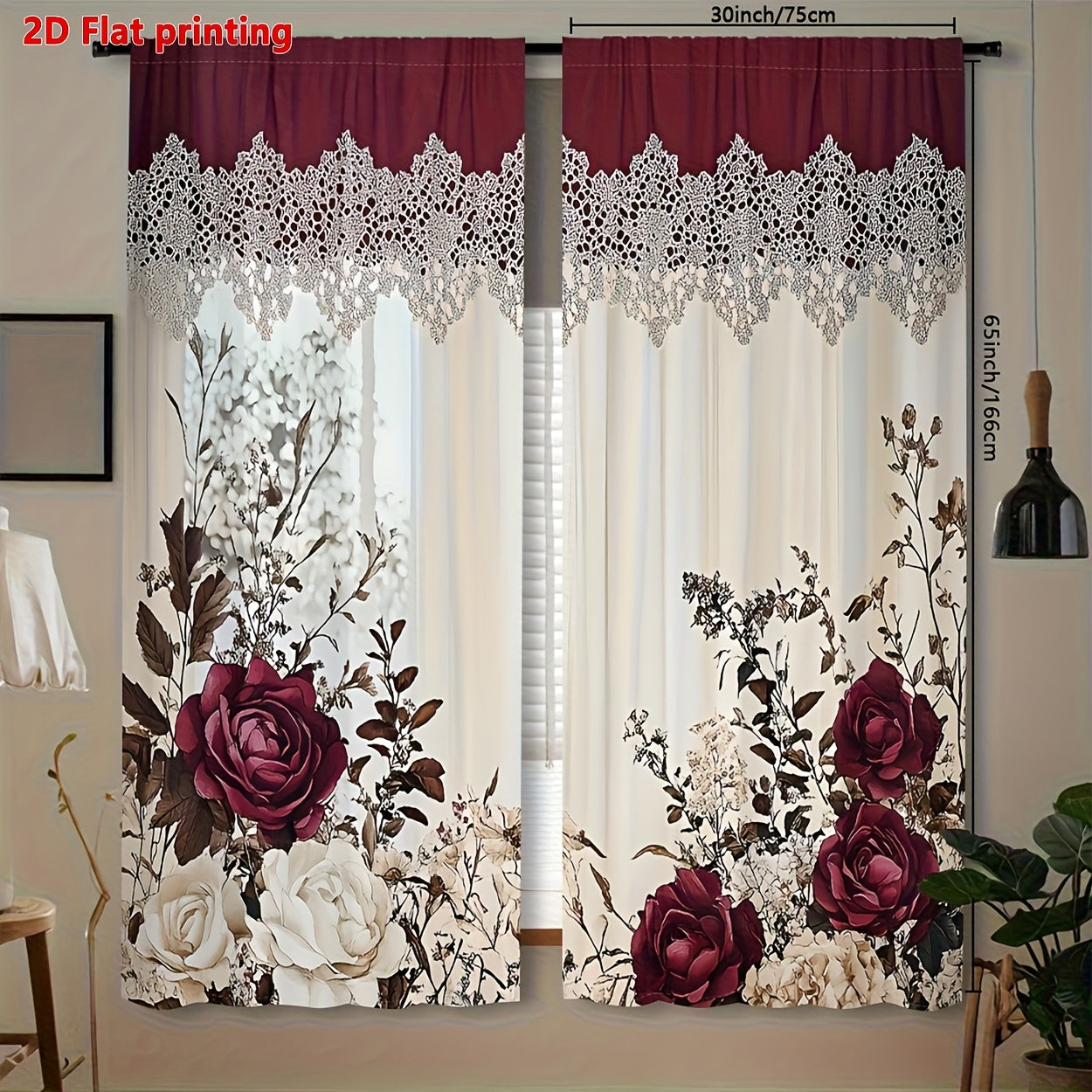 TEMU 2d Flat, 2pcs, 2d Flat Printing, Vintage Floral Print Victorian Style Curtains With Rod Pocket Installation, Digital Printing Technology, Light