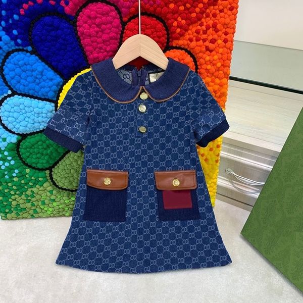 Luxury deisgner baby dresses cotton blue color baby skirts short sleeve kids clothe baby girl&#039;s Dresses child clothing