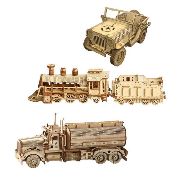 3D Puzzles Movable Classic Steam TrainCarJeepTruck Assembly DIY Toys Gift for Child Adult Wooden Model Building Blocks KitsM240731