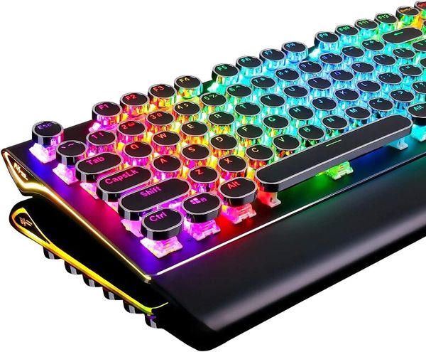 Typewriter Keyboard, Retro Mechanical Gaming Keyboard Wired 108 Keys with RGB Backlit Sidelight, Detachable Wrist Rest, Round Keycaps Blue