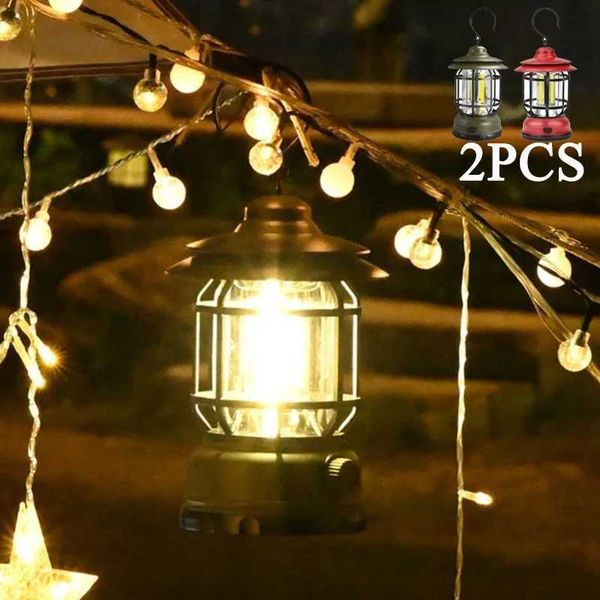 2Pack Camping Lantern USB Rechargeable Battery Powered Retro Camping Light Waterproof Hanging LED Tent Lamp for Hiking Fishing X250211