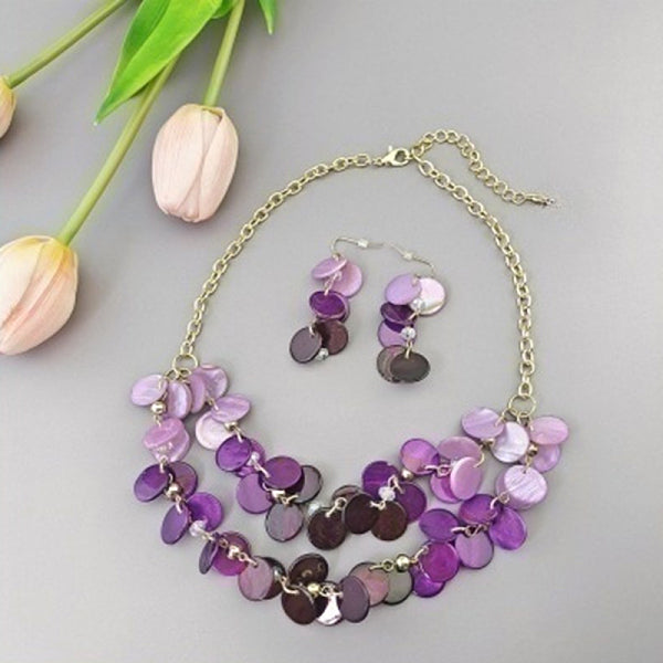 Conjuntos de pendientes colgantes de concha redonda plana y collares de doble capa