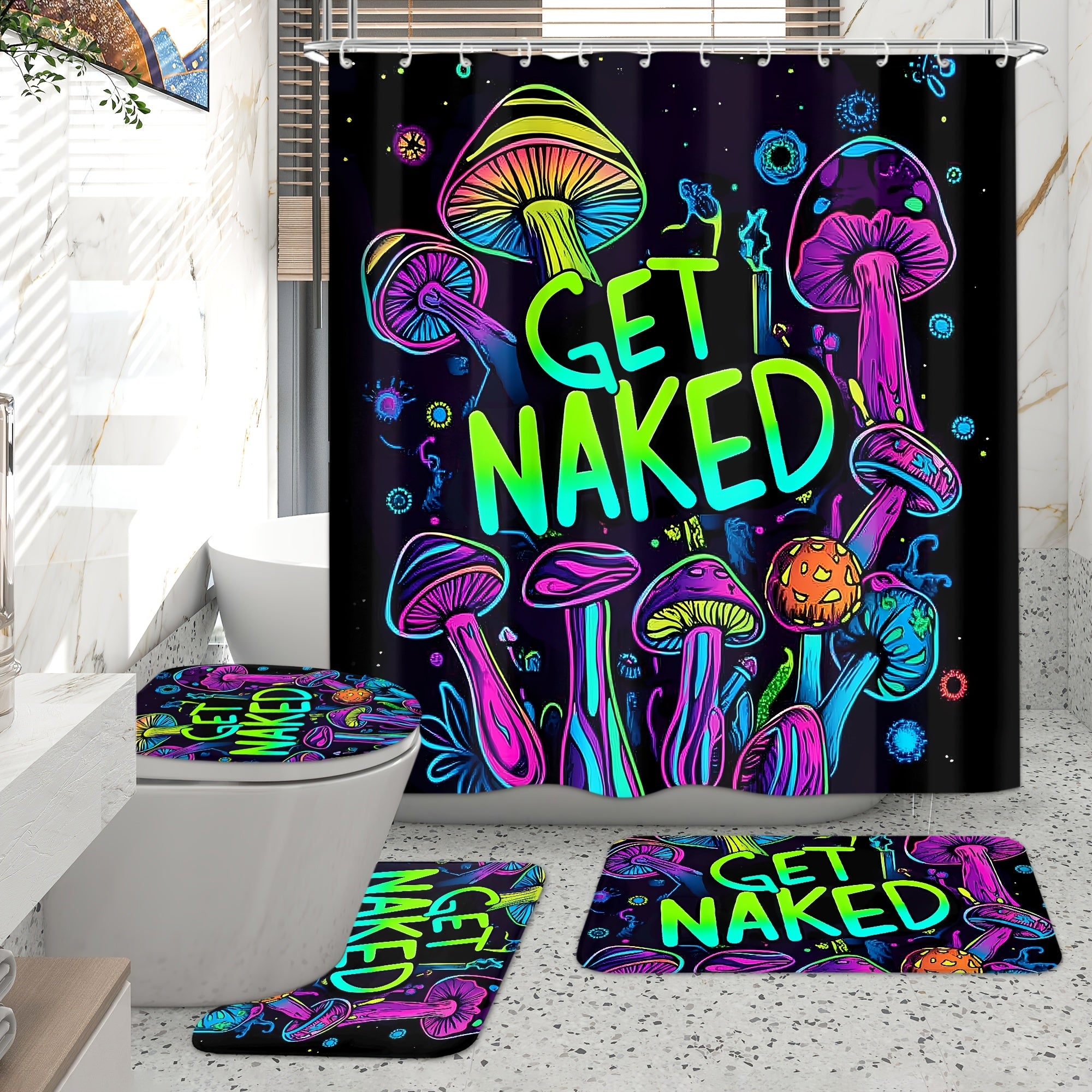 TEMU 4pcs-1pc Fantasy Mushroom Print Pattern Shower Curtain Set, Bathroom Curtain With 12 Hooks, Non-slip Rugs, U-shaped Mat, Toilet Lid Cover, Home