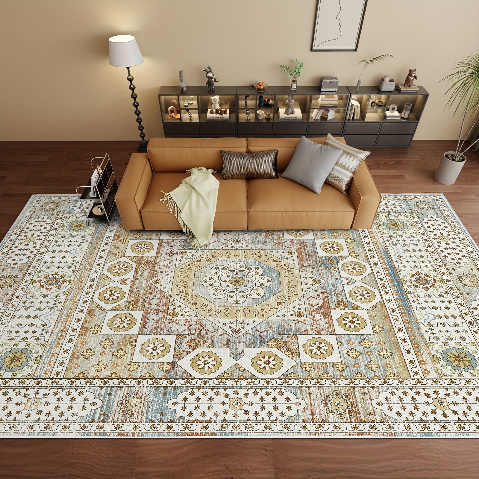 TEMU Washable Rug Vintage Medallion Area Rug With Non-slip Backing, Non-shedding Floor Mat For Living Room Bedroom Kitchen Laundry Home Office, Cream