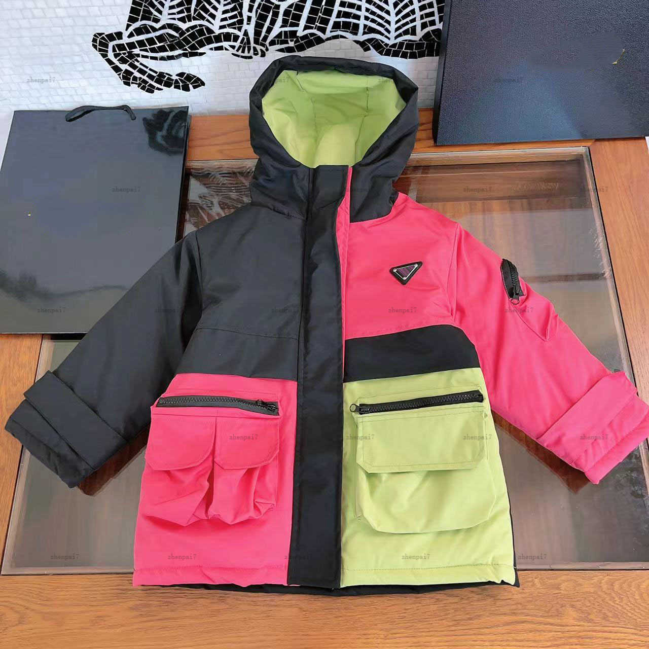 Top baby designer jacket winter kids clothes Multi color splicing design girl Outerwear Size 100-150 Hooded toddler coat