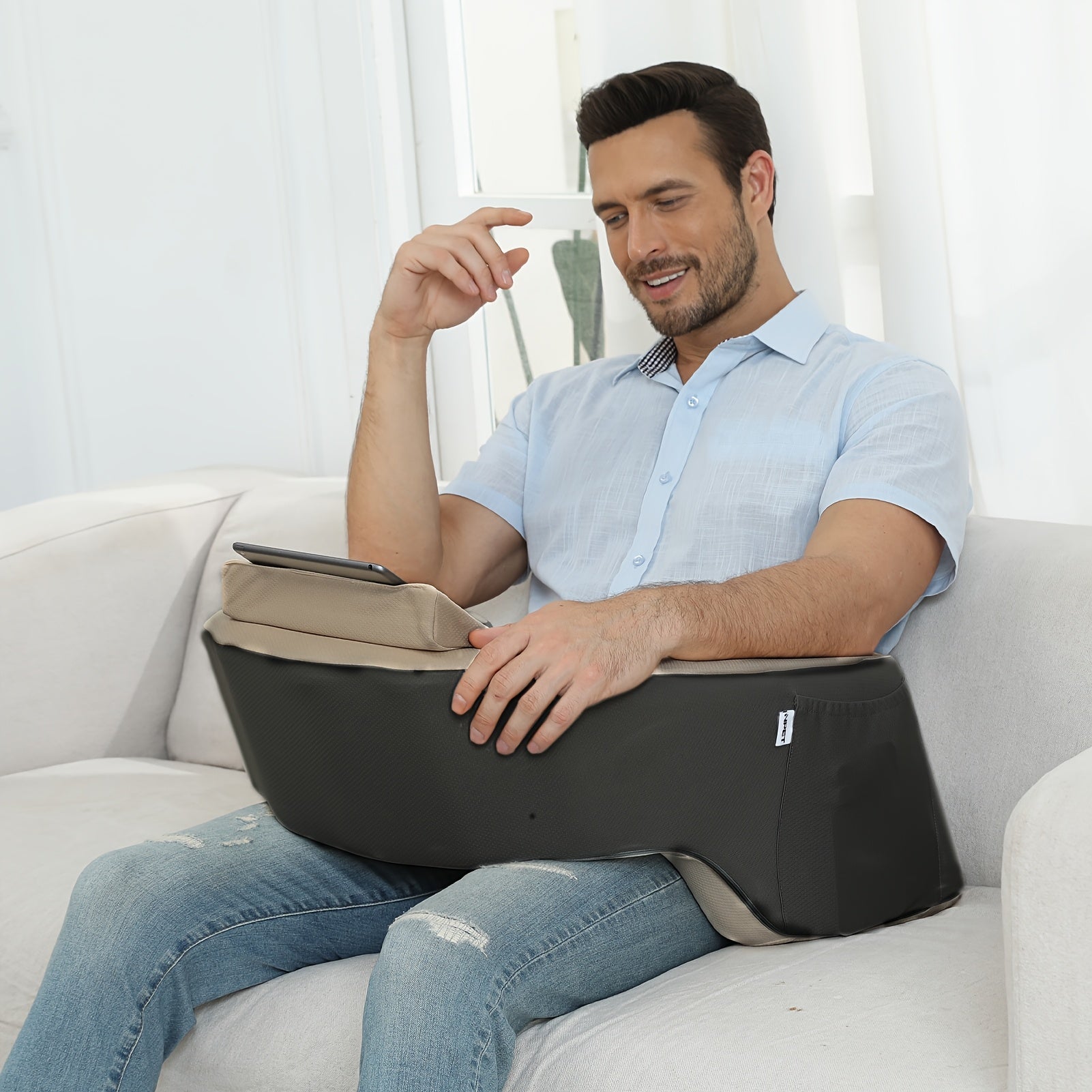 TEMU [gentle Support] Ergonomic Reading & Gaming Pillow With Washable Cover – Rest Cushion With 2 Side Pockets & Cup Holders For Sofa, Bed, Or Floor