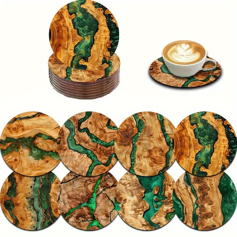 TEMU 8pcs Resin Wood Grain Coasters With Marbled Green & Brown Wood Pattern - Heat-resistant Durable Table Protectors, Elegant Natural Wood Texture