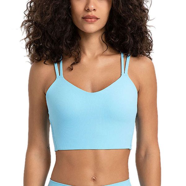 Criss Cross Back Yoga Sports Bra for Women Ribbed V Neck Double Straps Gym Sport Underwear Push Up Fitness Workout Crop Tank Top