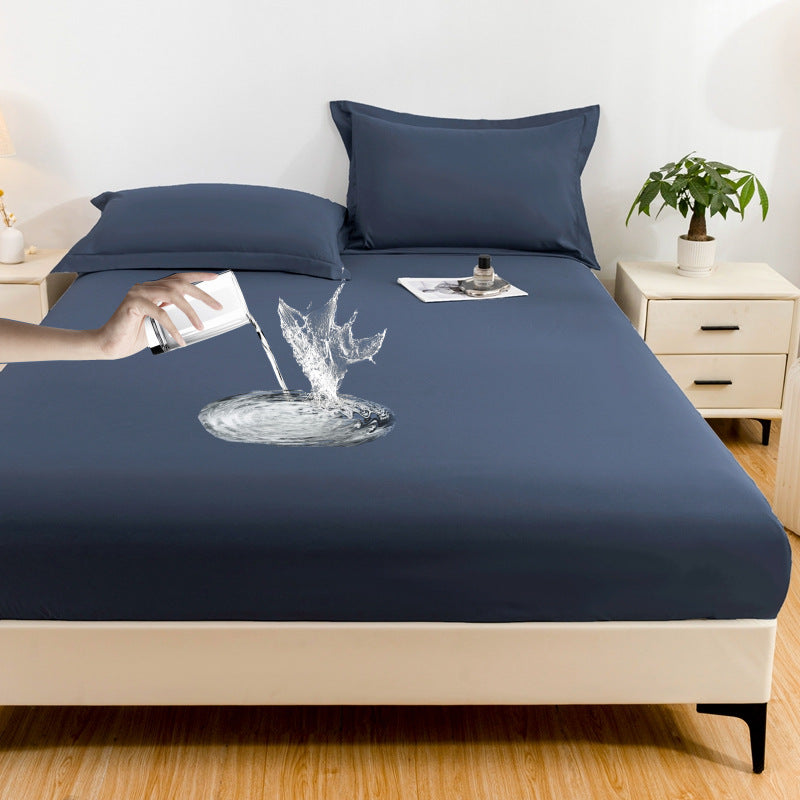 Classic Solid Brushed Double-Layer Waterproof Fitted Sheet Mattress Cover, Navy Blue - Pillowcase(2pcs)