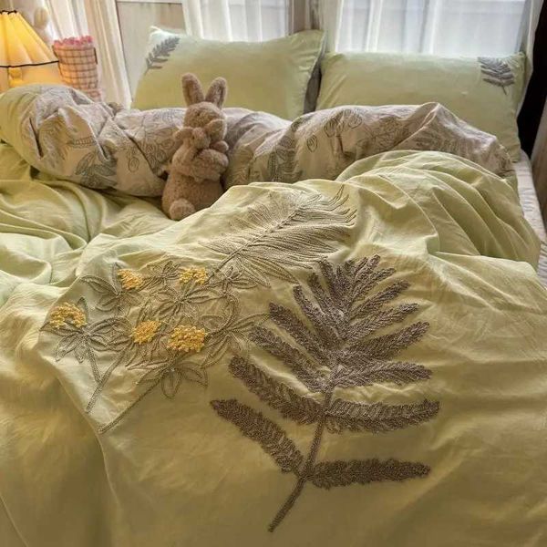 Bedding Set Countryside Ins Style Art Green Leaf Embroidery Washed Cotton Dormitory Bed Sheet 3pcsC241207