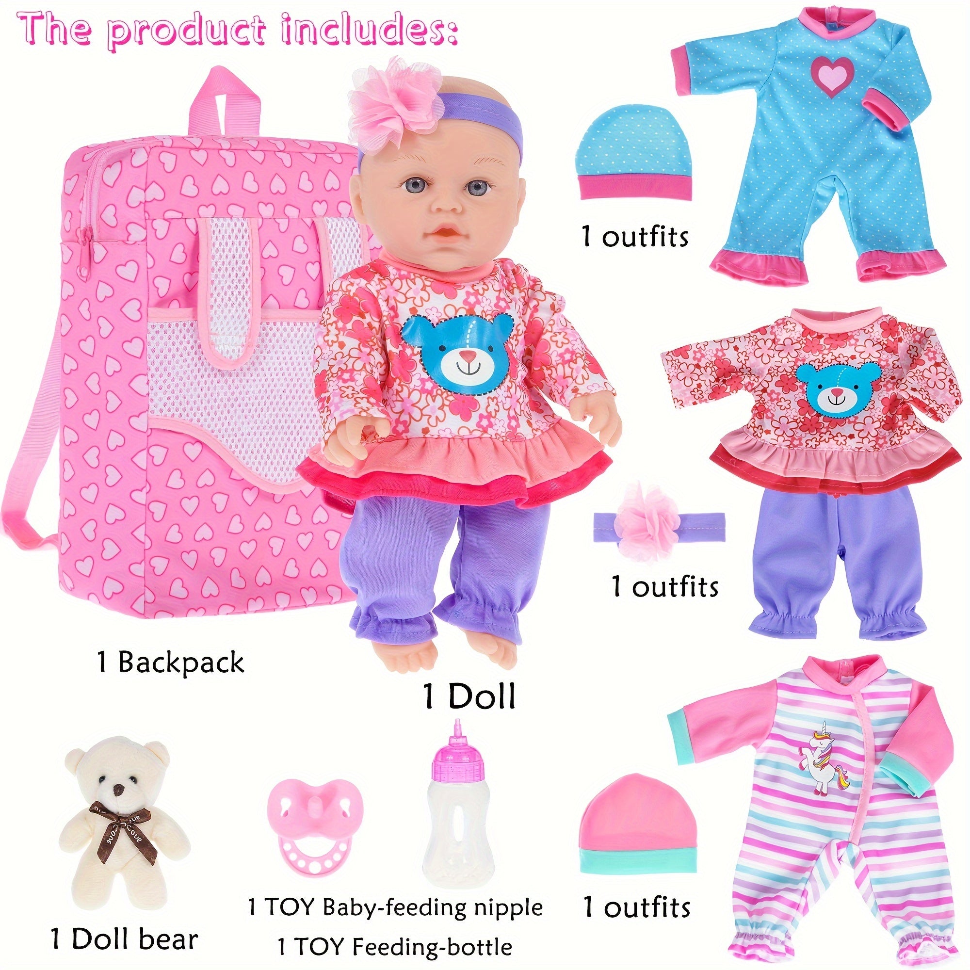TEMU 12 Inch Doll And Accessories- Real With 3 Sets Clothes, Backpack, , Bottle