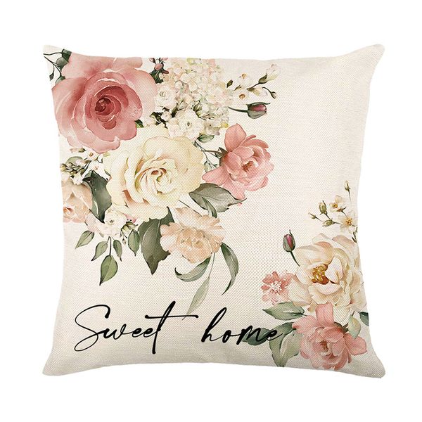Elegant Spring Rose Letter Design Pillowcase - Durable Linen Material, 18x18 Inch Cushion Cover