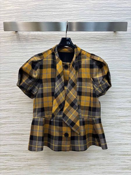 Early Spring New Scottish Style Pattern Series Stand up Neck Bubble Short Sleeve Top