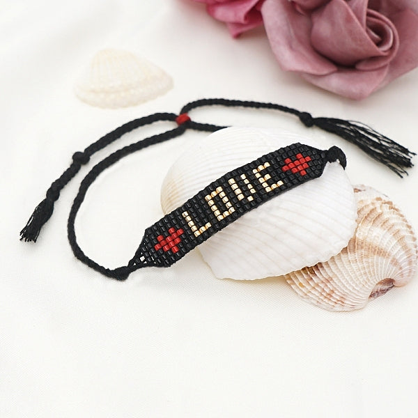 Graine de verre large bande avec mot amour coeur bracelet lien d'amitié pour les femmes