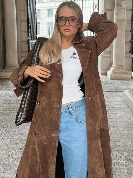 Women&#039;s Wool Fashion With Belt Faux Leather Long Coat Women Chic Button Lapel Oversize Loose Overcoat Autumn Female High Street Outwear