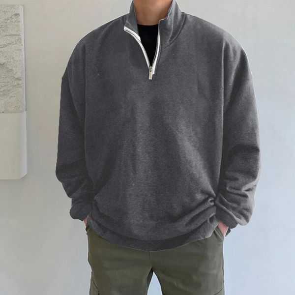 Loose Hoodless Sweatshirt Solid Color Sweatshirts Stand Collar Sweater Long Sleeve Sweatshirts For Men Simple Dailywear 240808