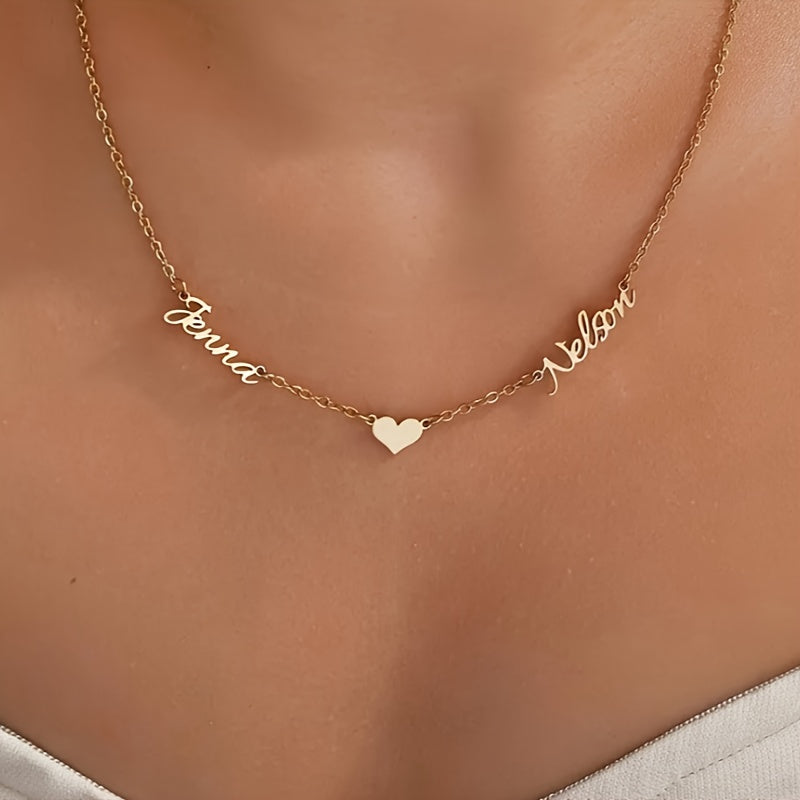 TEMU Customizable Couple Necklace - Personalized Multiple Names Engraved In Elegant Cursive Script, Golden-tone Heart Pendant, High-quality Everyday