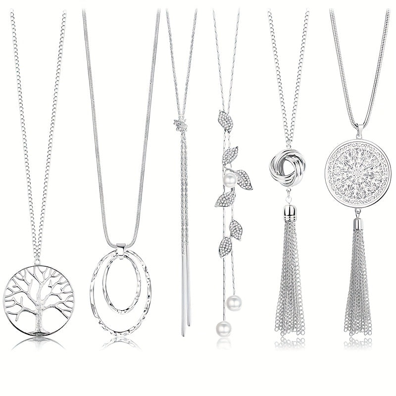 TEMU 6pcs Set Of Women's Long Haired Clothing Necklace With Electroplating , Inlaid With Flower Tassel Pendant, Necklace Jewelry, Women's Gift