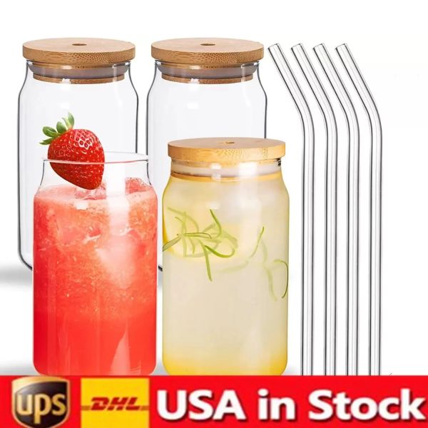 US Warehouse Water Bottles Sublimation 16oz glass Tumbler Cups can glasses with bamboo lid reusable straw Mug beer Transparent frosted Soda