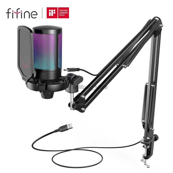 Microphones FIFINE USB gaming microphone kit suitable for PC PS4-5 condenser heart-shaped with mute button-RGB-arm stand streaming video - A