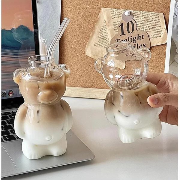 Cartoon Bear Clear Glass Cup Creative Coffee Mug Drinkware For KTV Bar Club Parties Cocktail glassware Unique Reusable Cute 250116