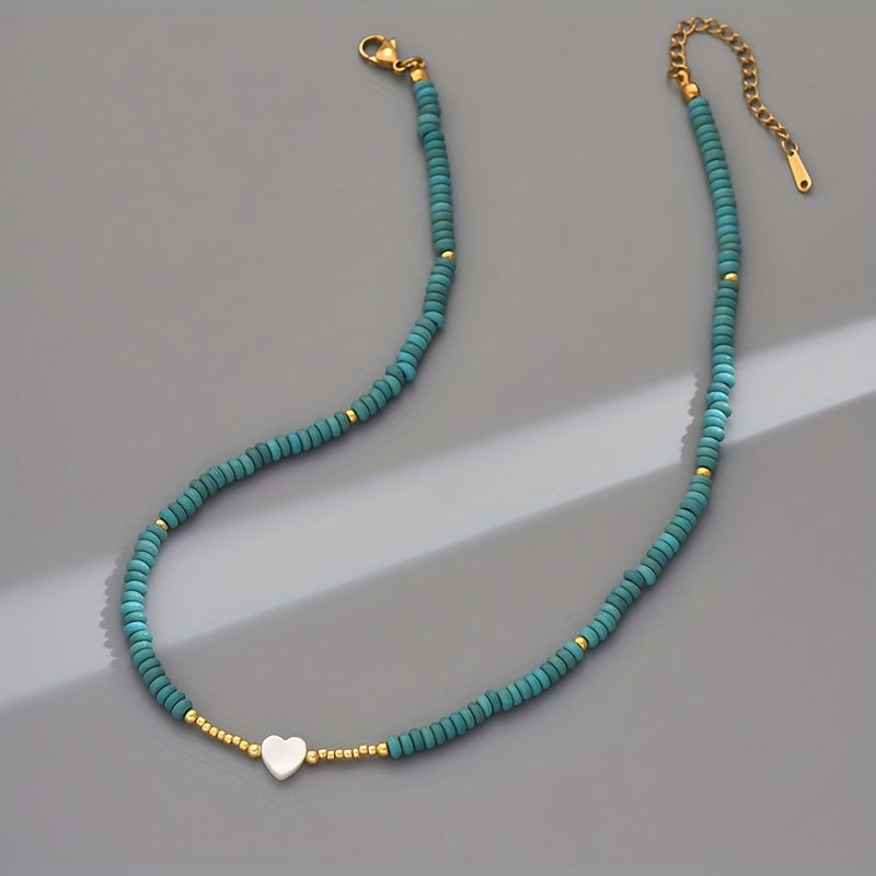 TEMU Bohemian Beaded Heart Necklace For Women - Turquoise & Golden-tone Beads With White Heart Pendant, Everyday & Party Jewelry, Accessory, Bohemian
