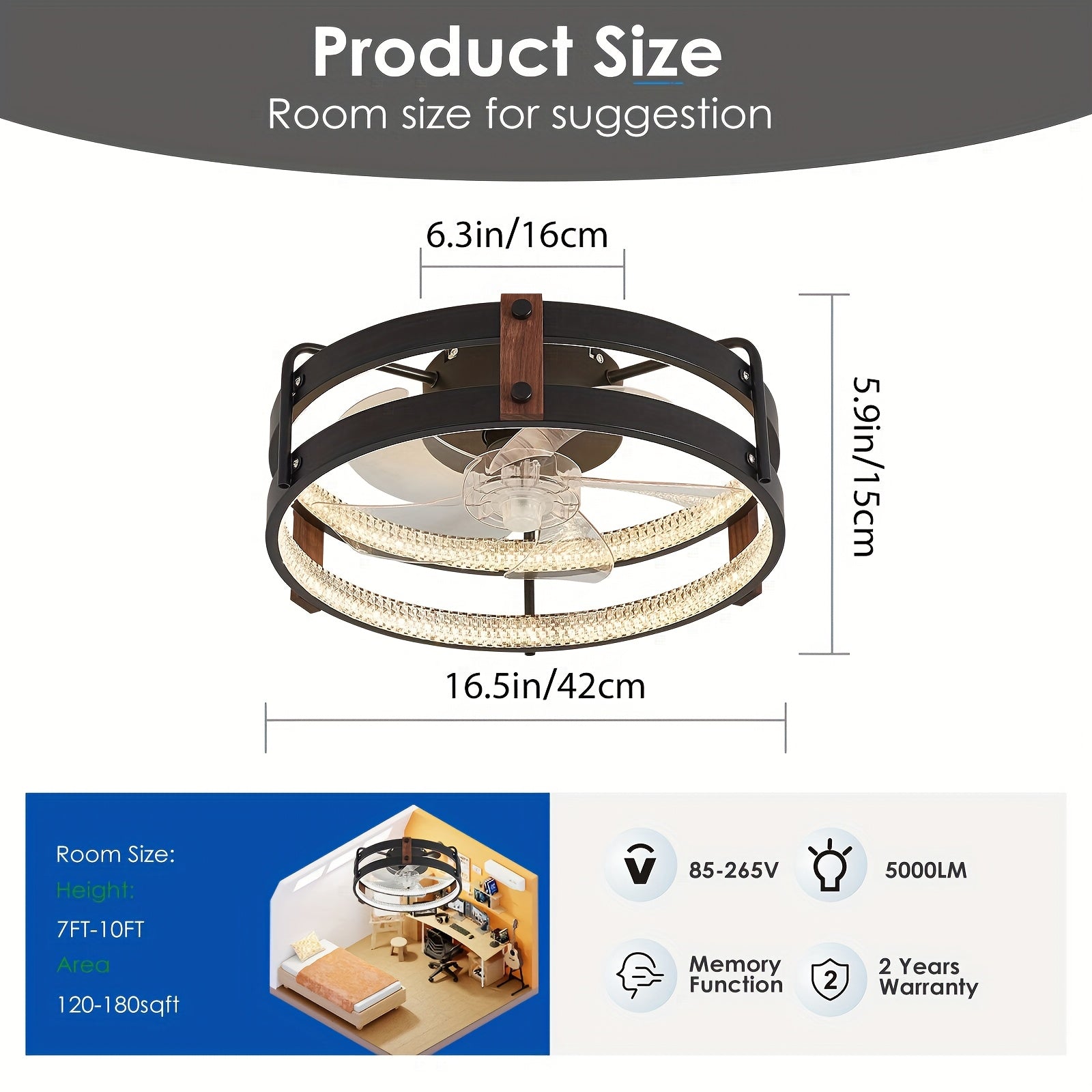 TEMU Caged Low Profile Ceiling Fans With Lights And Remote, Rustic Square Flush Mount Ceiling Fan, 6 Speed And Reversible, Small Farmhouse Bladeless