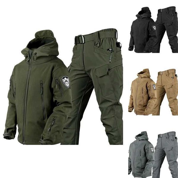 Tactical soft shell shark skin clothing outdoor waterproof and windproof jacket and pants mens camping and hiking sportswear in 6 colors W24