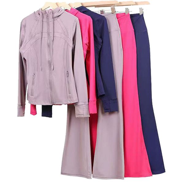 Women Yoga Flared Pants Hooded jacket set leggings Fitness sets High Waist Sports Jackets Zip Up Coat Elastic Sportswear Outfits Pants Track