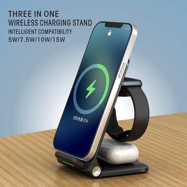 15W Fast Wireless Charger Foldable Stand For iPhone 14 13 12 Samsung Apple Watch Airpods Pro 3 in 1 Wireless Charging Dock Station with paca