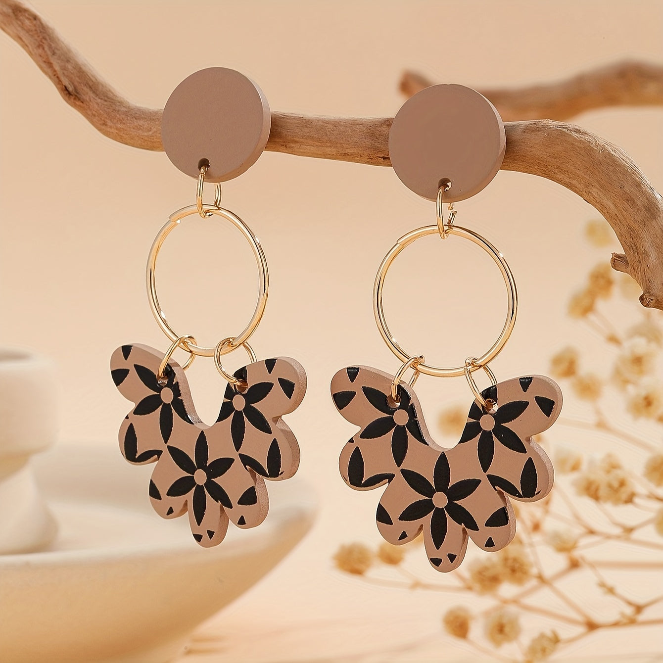 TEMU Vintage-inspired Acrylic Dangle Earrings With Brown Print - Cute & Gentle, Stainless Steel Posts, Casual Attire Or Gifting