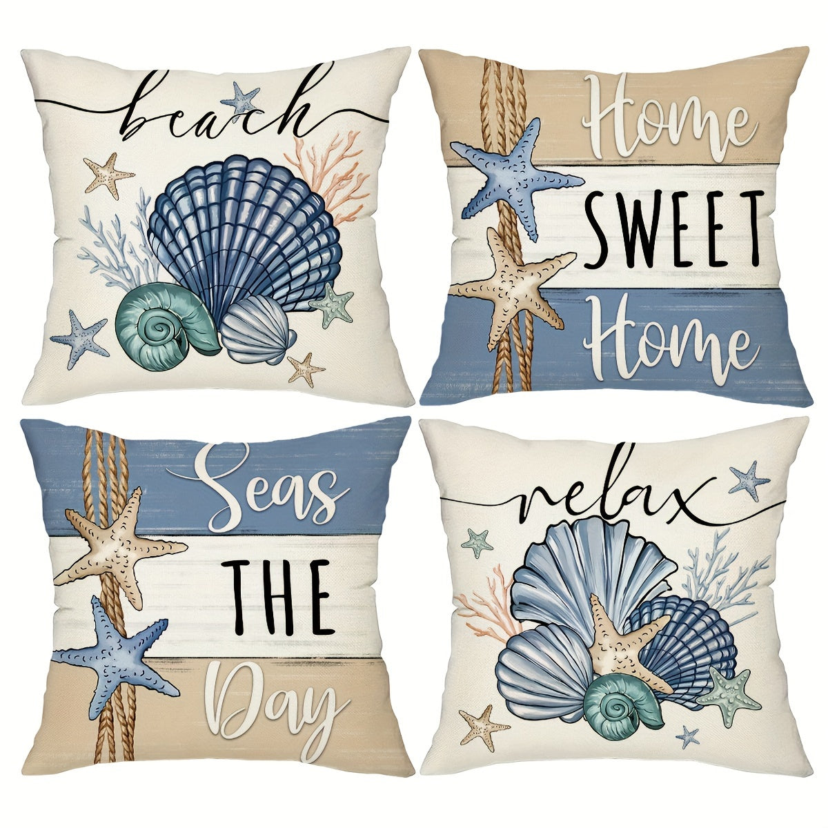 TEMU Set Of 4, Ocean Starfish Throw Pillow Covers, 18*18inch Shell Decorations Cushion Cases, Farmhouse Blue Decor Pillowcases For Porch Patio Couch