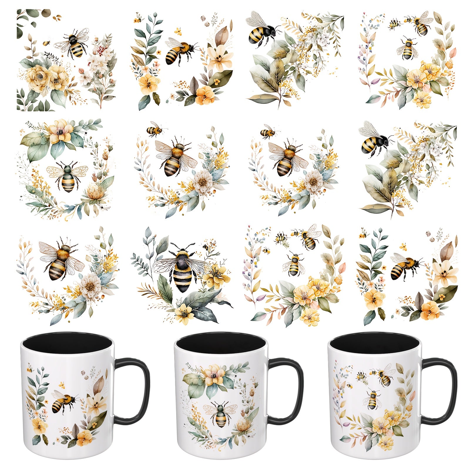TEMU 12pcs Watercolor Bee & Floral Stickers Set, Uv Dtf Self-adhesive Transfer Decals, Vinyl Cartoon Patterns For Cups, Laptops, Boxes, Glassware,