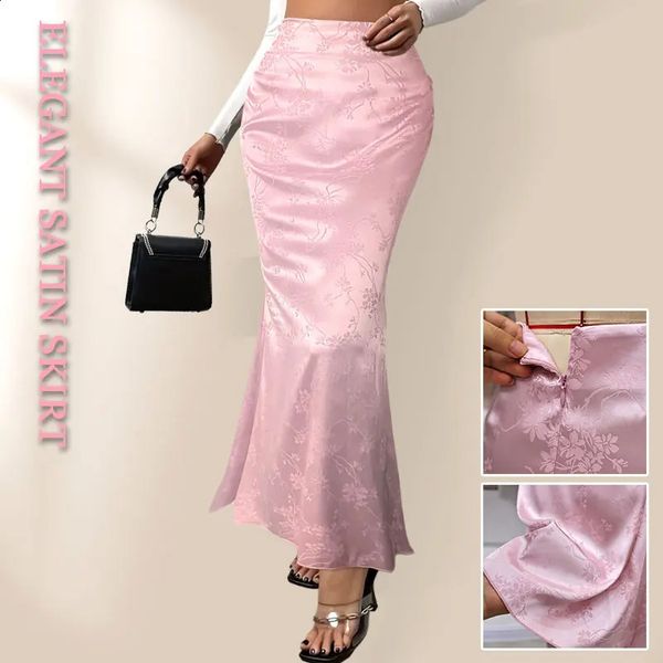 Saias de cetim rosa para mulher estampa floral Skort Office Lady Casual Simples Uma linha Lápis reto Midi Salia Midi fêmea como seda 250115