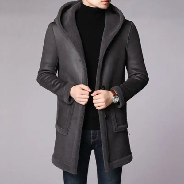 Autumn Winter Thick Warm Real Fur Coat Men Sheep Shearing Wool Jacket Hooded Mens Natural Lamb Outerwear O24 241126