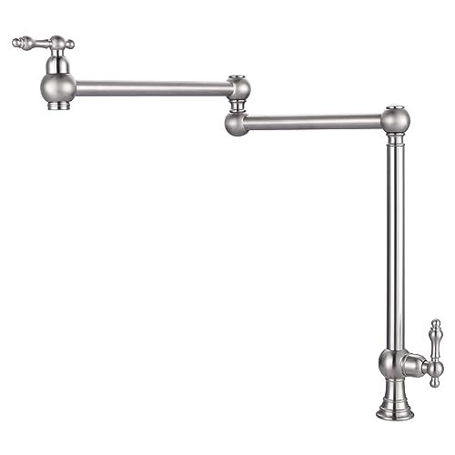WOWOW Pot Filler Faucet Deck Mount Stove Faucet, Solid Brass Pot Filler Brushed Nickel Kitchen Folding Faucet with Stretchable Double Joint Swing Arm