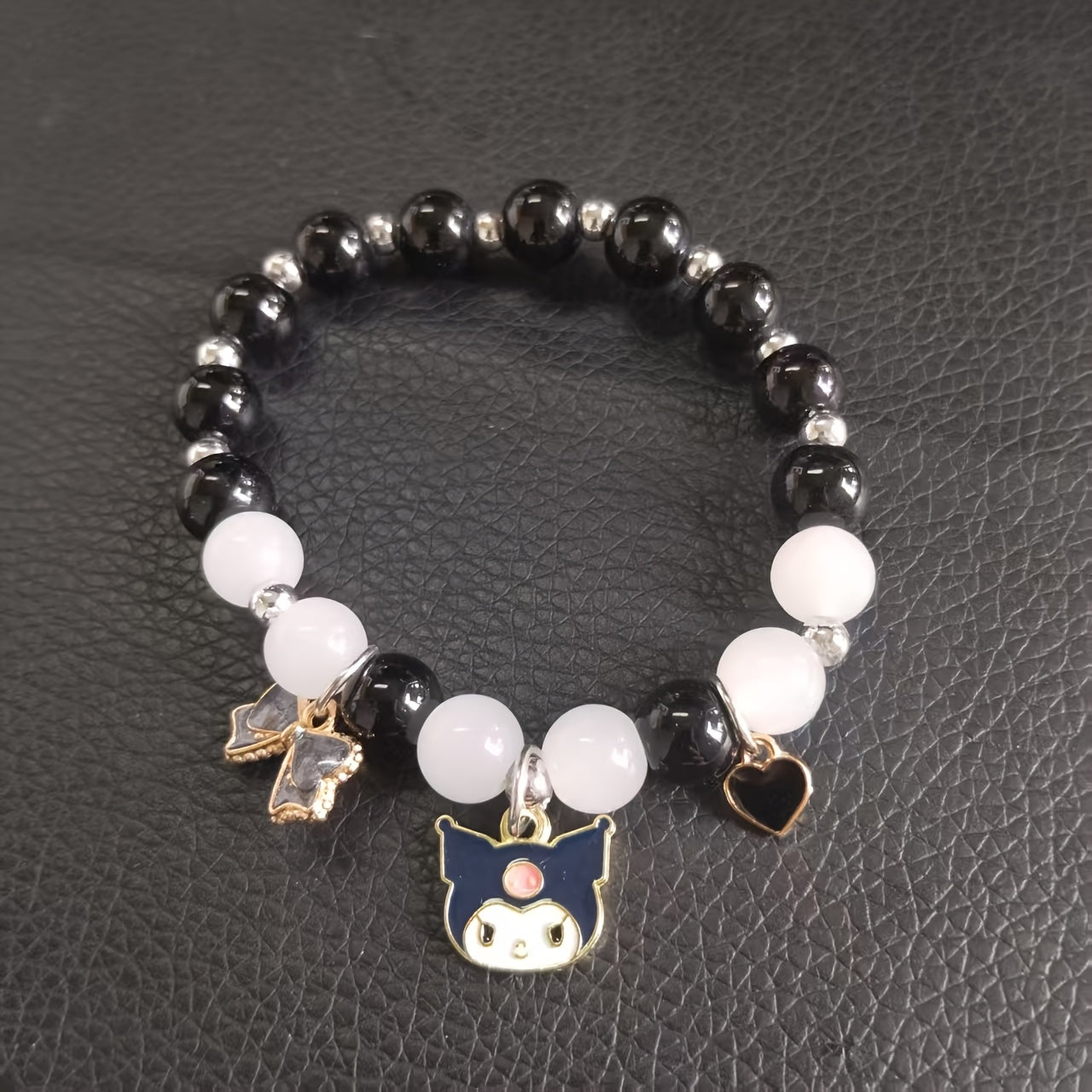 TEMU For Kuromi Charm Bracelet - Cute Cartoon Anime Glass Bead Jewelry With Alloy Charms, Gift For , Wear, Collectible Accessory| Accessory|glossy