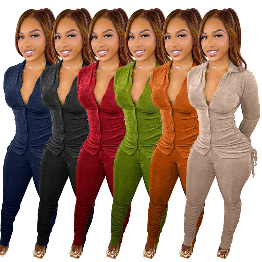 Wholesale Velvet Tracksuits Women Clothes Fall Winter Sweatsuits Long Sleeve Shirt and Stacked Pants Two Piece Set Matching Outfit Casual Clothing B