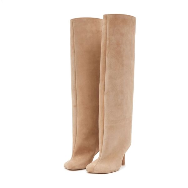 Womens Nude Suede Knee High Boots Square Toe Wide Calf and Foot Pull On Stiletto Heels Fashion Dress Tall Riding Boots Ladies 240926