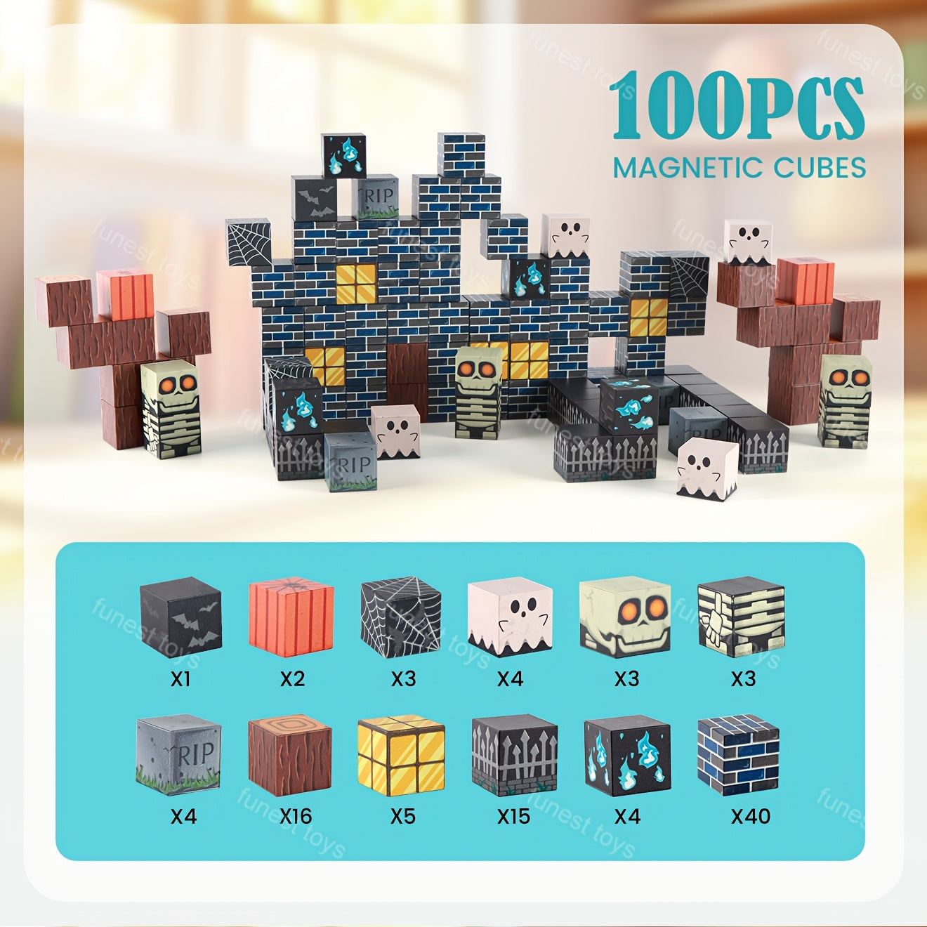 TEMU Magnetic Building Blocks Set - 100-54pcs Spooky 3d Diy Construction Toys, Haunted Castle Scene, Stem Puzzle, Stackable Cubes, Creative Gift For