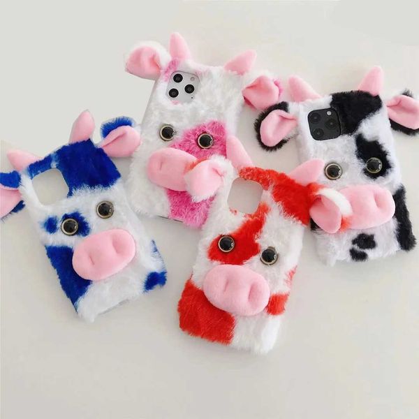 Hot Sale 3D cartoon cute cow fur phone case cover suitable for iPhone 16 12 13 14 15 Pro Max Galaxy S22 S23 FE S24 Plus Note 20 Ultra T24120