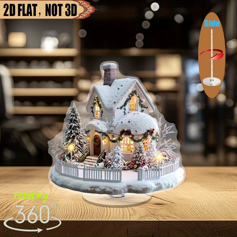 TEMU 2d Flat, 1pc Rotating Acrylic Tabletop Ornament - Snow-covered House With Festive Garlands & Trees, 360° Rotating Base, No Electricity Needed,