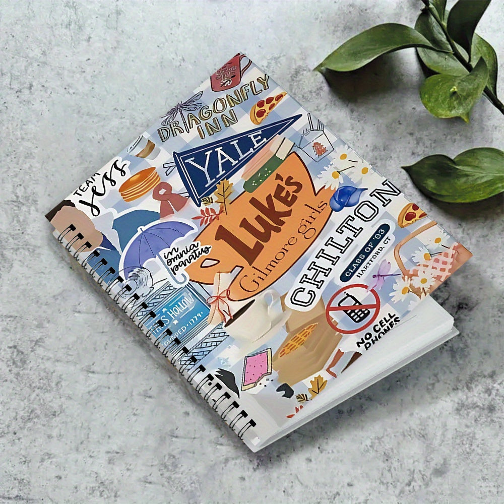 TEMU 1pc Deluxe Spiral Bound Notebook - 5.5x8.3 Inch, 50 Pages With Vibrant Icons & Text Collage Cover, Perfect For Use & Festivals, Notebooks And