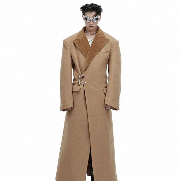 fewq Men&#039;s Wool Coats Niche Design Metal Butt Lapel Male Outerwear Solid Color Knee Length Trench Winter New Fi 9C4028 N154#