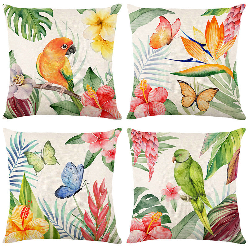 Linen Throw Pillow Cover 18x18 Inch Spring Vintage Watercolor Birds Flowers Green Plants Home Decor Pillowcase Square Cushion Cover for Sofa Bed Cou