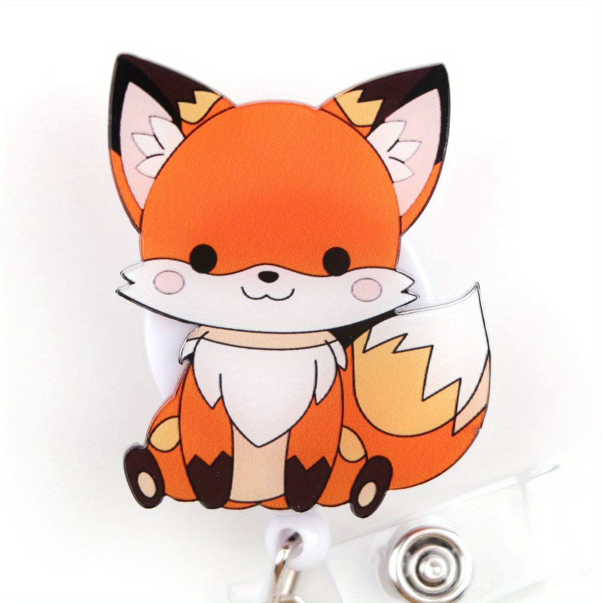 TEMU 2d Flat, 1pc Cute Fox Retractable Badge Holder Reel With Keychain - Orange & Design, Durable Acrylic Id Card Holder For Nurses, Office, Events -