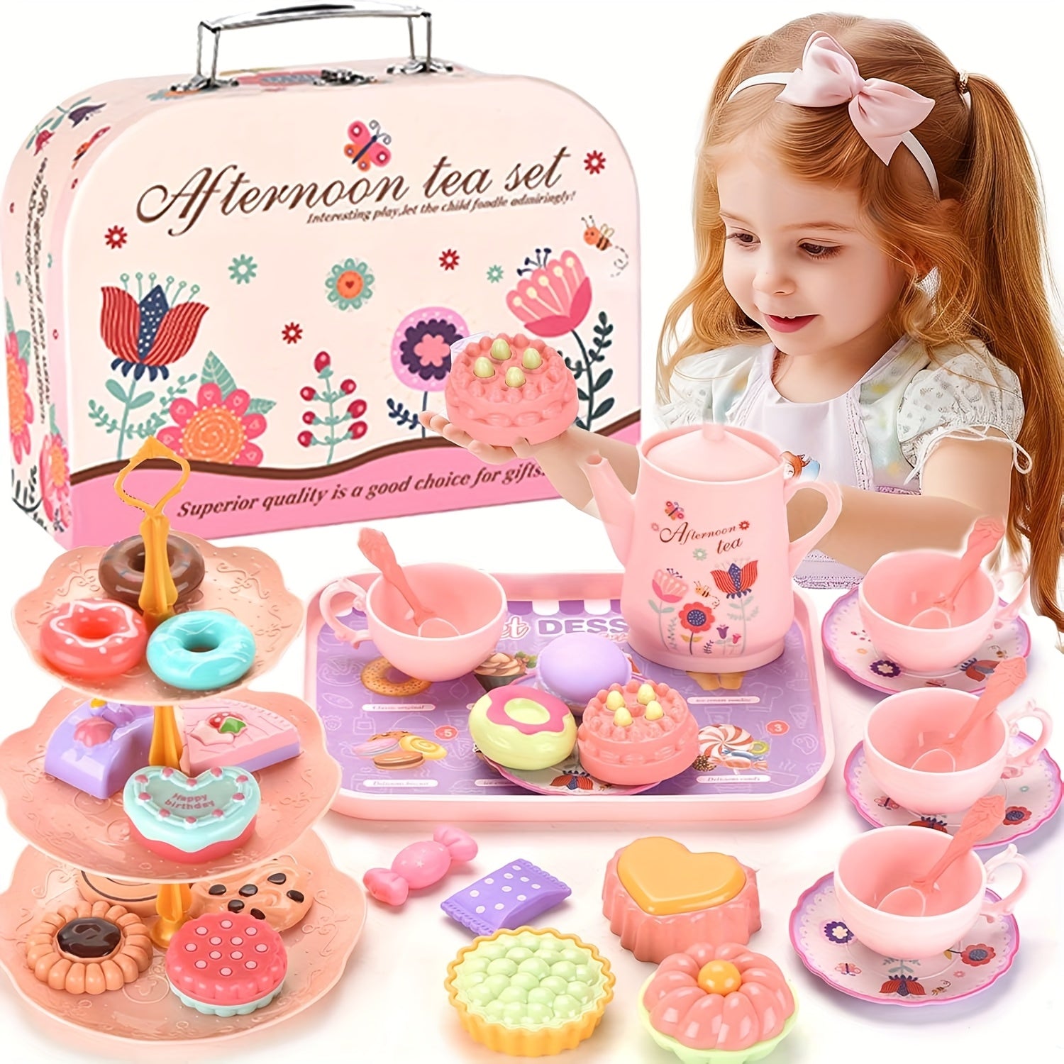 TEMU Deluxe Diy Pretend Play Tea Set For - Colorful Simulation Kitchen Tableware With Floral Teapots, Cups, Plates & Desserts, Ideal Afternoon Tea